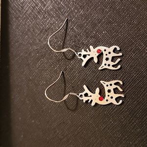 Reindeer Silver Tone Dangle Pierced Earrings